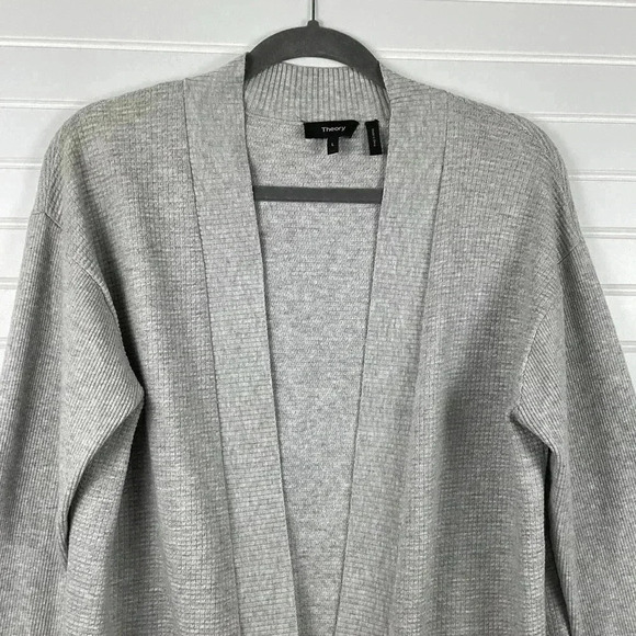 Theory Womens Open Front Long Sleeved Thin Knit Cardigan Sweater Gray Sz Large - Picture 2 of 8
